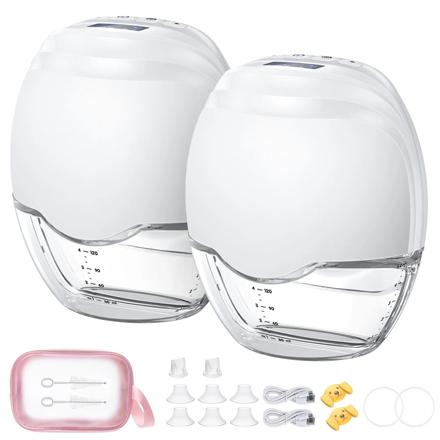Hands-free wearable electric breast pump on a white background, highlighting its compact design for new moms.