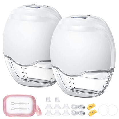 Hands-free wearable electric breast pump on a white background, highlighting its compact design for new moms.