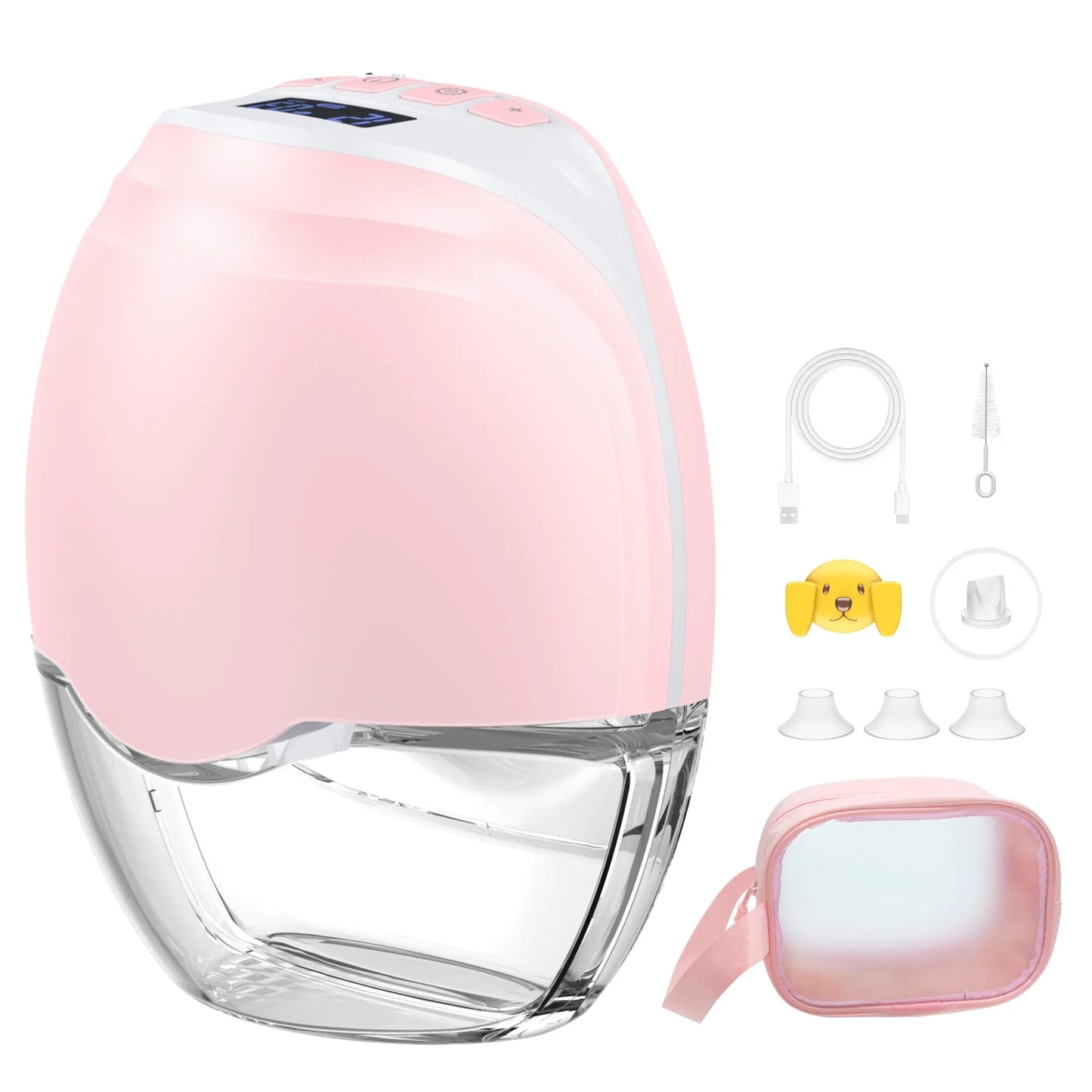 The silent breast pump charging with a USB cable, highlighting its wireless and portable features for on-the-go moms.