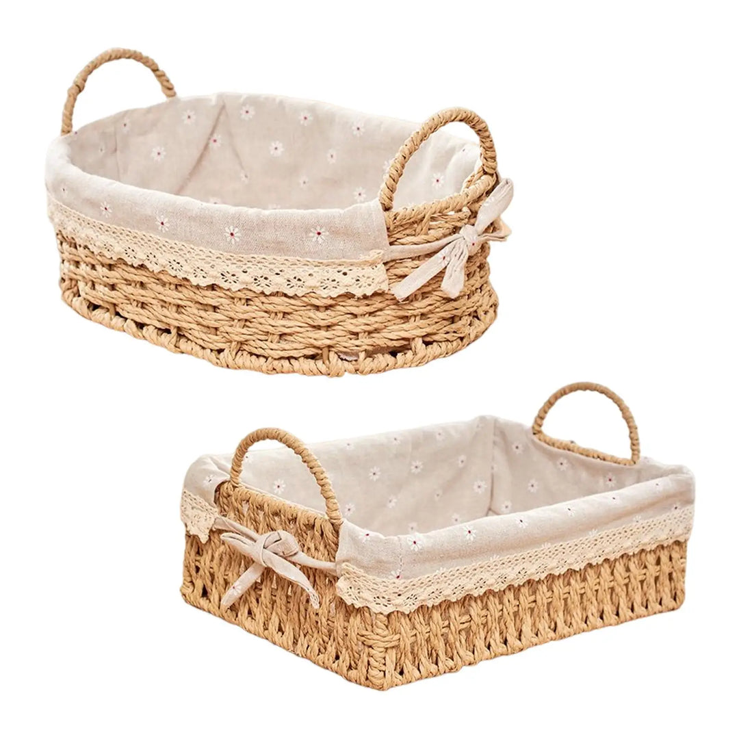 Set of handwoven wicker storage baskets, various sizes, with handles, great for kitchen, bathroom, or bedroom organization.