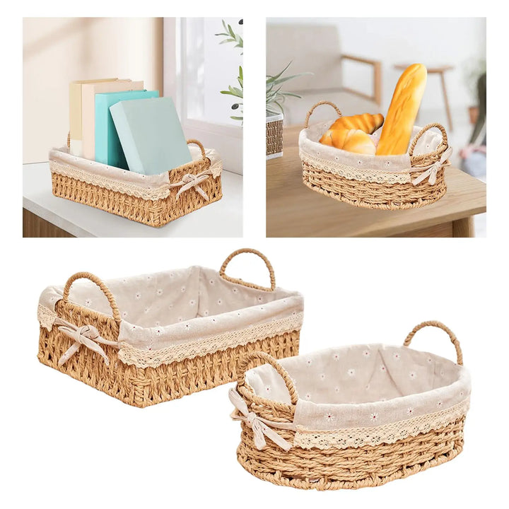 Rectangular wicker basket with handles, used as a home organizer for linens, adding rustic charm to bedroom decor.
