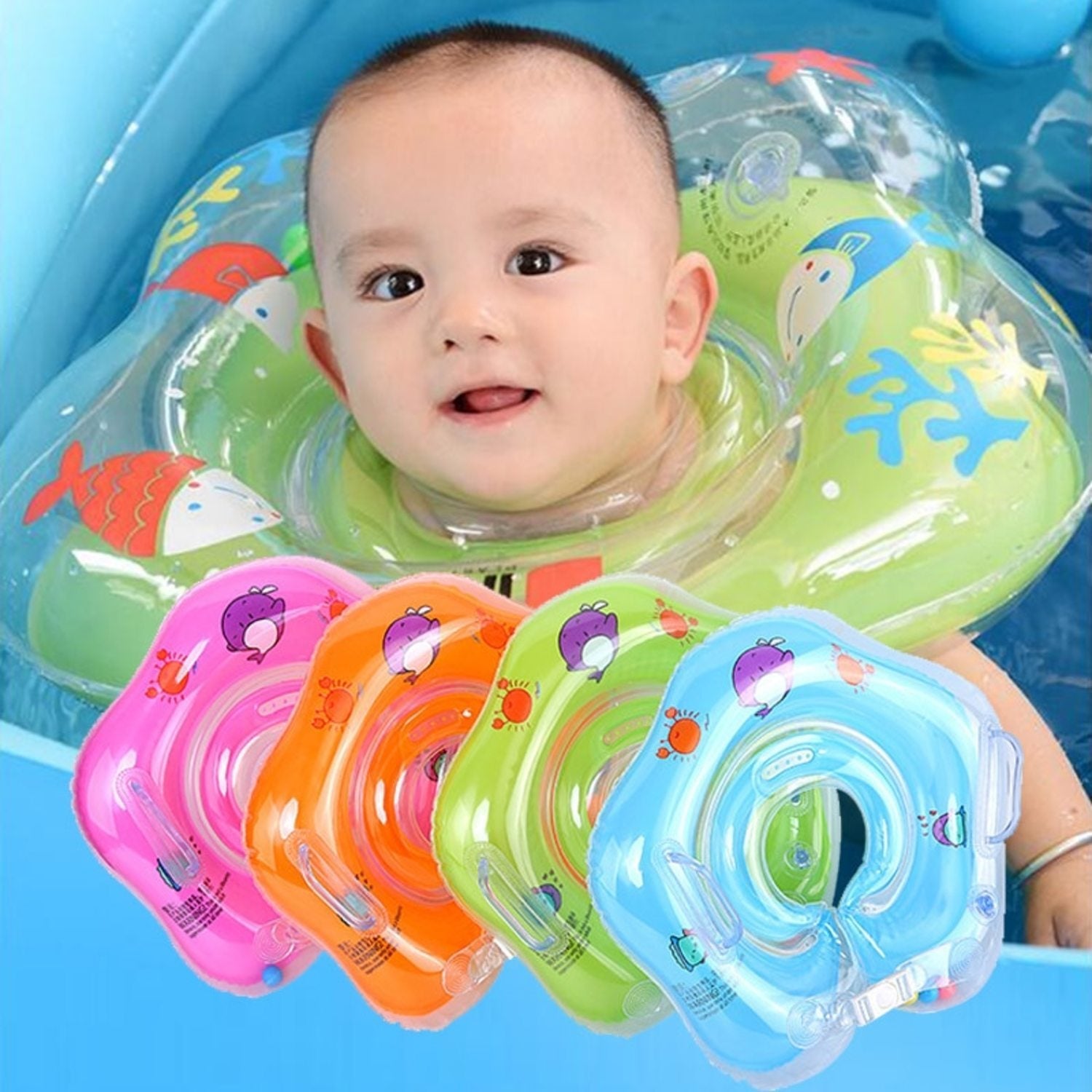 Happy baby in a blue neck float enjoying bath time fun, promoting infant swim and water play.