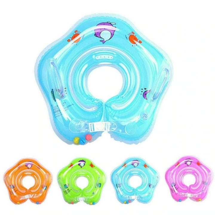 Infant wearing a pink baby neck float, safe for early development and toddler bath time swimming aid.