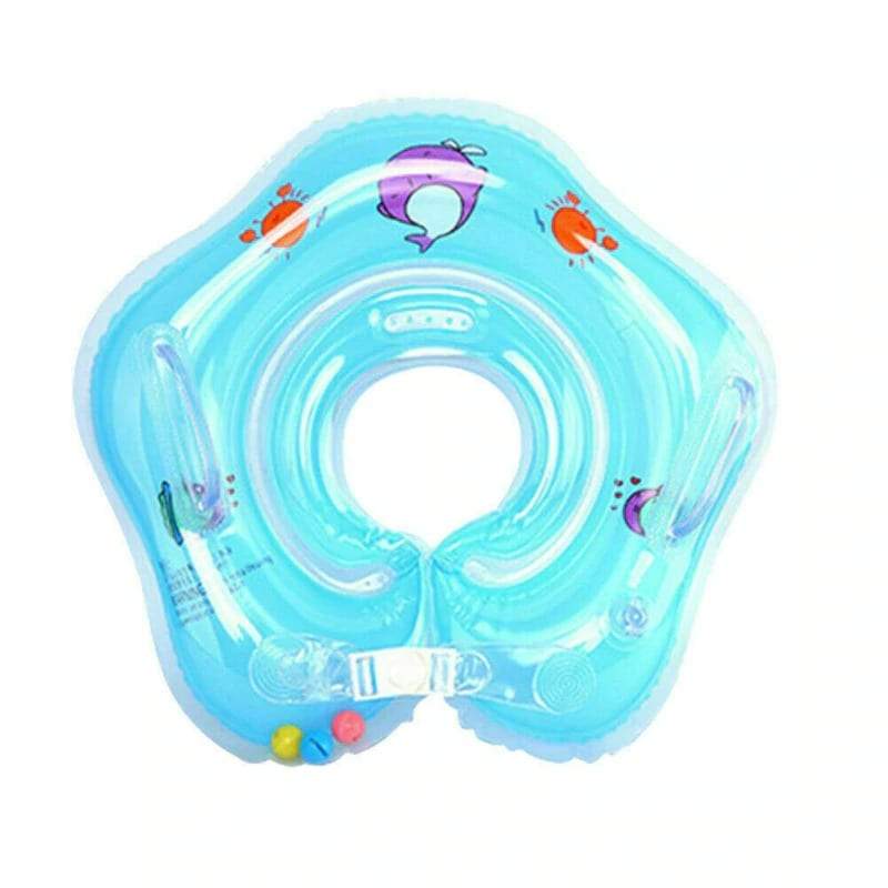Close-up of an infant's face in a baby neck float, ensuring safety during swim and water play.