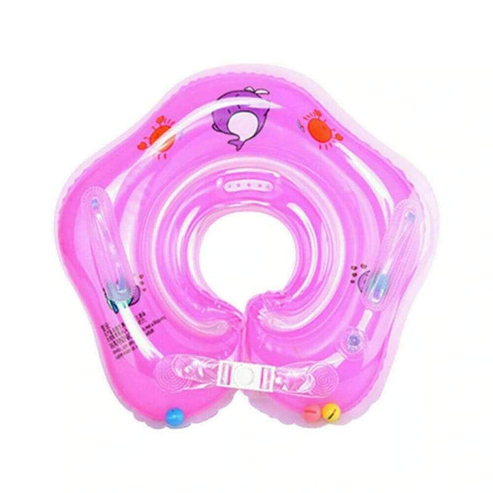 Baby in a green neck float, designed for comfort and safety during infant swim and bath time fun.