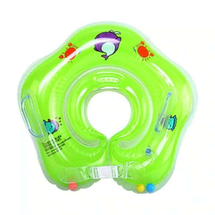 Top-down view of a baby happily floating in a neck float during early development swimming aid.