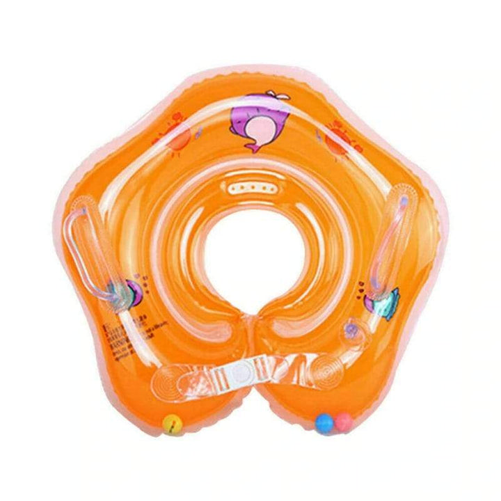 Cute baby in a yellow neck float, perfect for safe infant swim lessons and water play sessions.