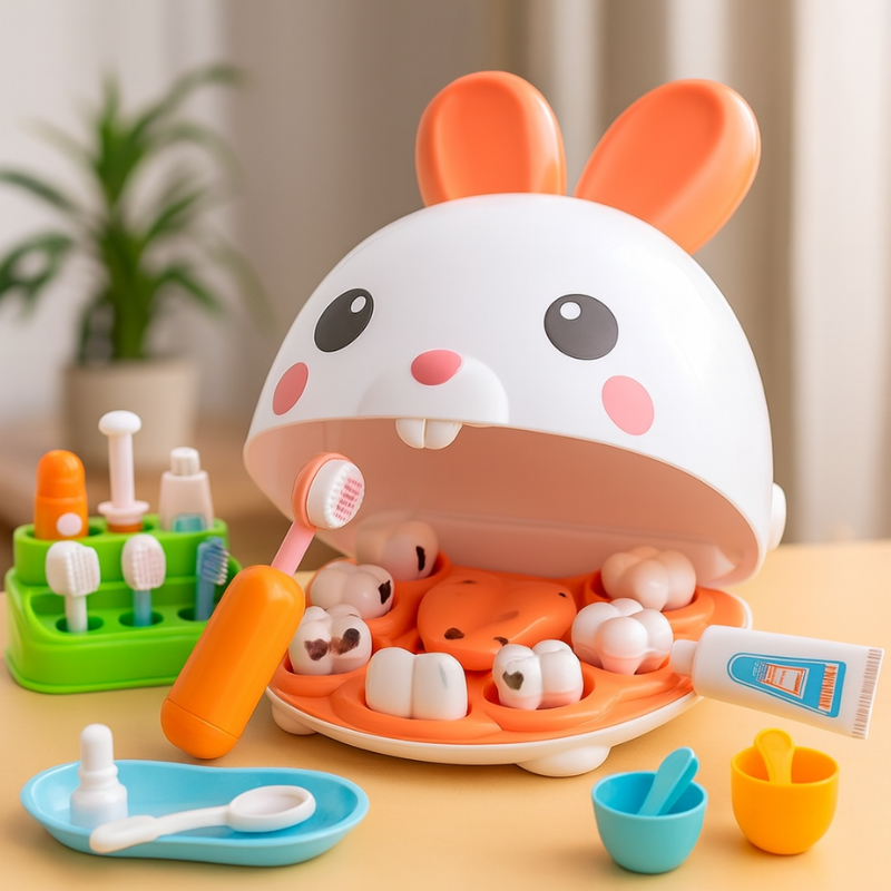 HappyTeeth Kids' Pretend Dental Play Kit with toy tools & model teeth, educational dentist kit for children