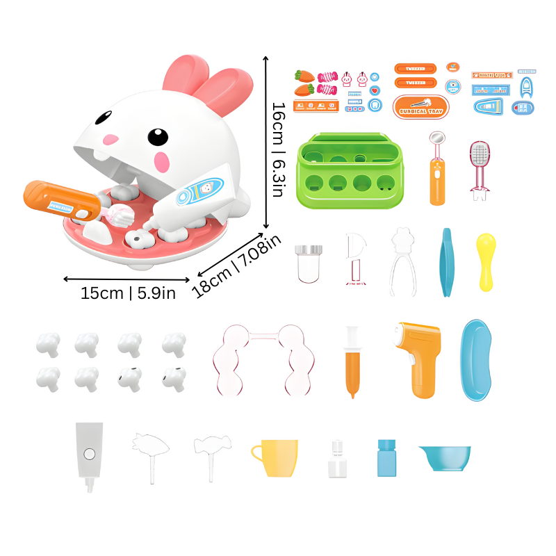 Educational dental health pretend play kit, HappyTeeth, featuring child-friendly dentist tools and bright toy teeth