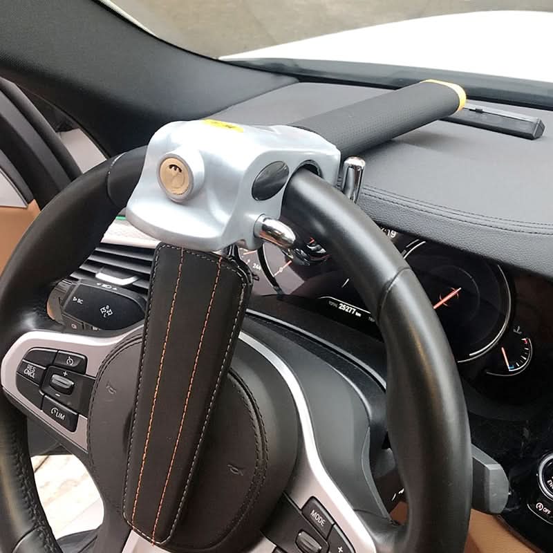 Heavy-duty anti-theft steering wheel lock for vehicle security. Strong universal fit auto safety device.