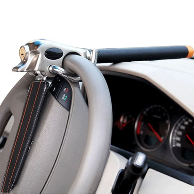 Robust car security steering wheel lock. Heavy-duty anti-theft protection for all vehicles. Auto safety.