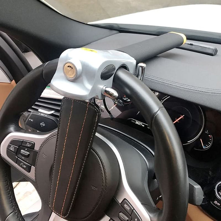 Universal fit heavy-duty steering wheel lock for superior anti-theft car security & vehicle protection.