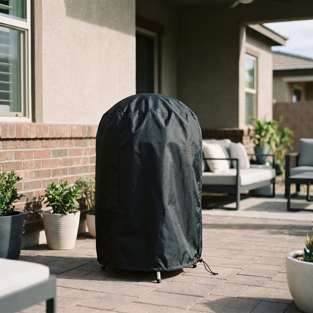 Heavy-duty outdoor round kettle grill cover, black, weatherproof protection for patio BBQ accessory.