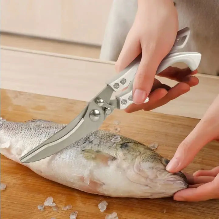 Durable stainless steel kitchen shears for poultry, fish scaling & food prep. Sharp, ergonomic design.