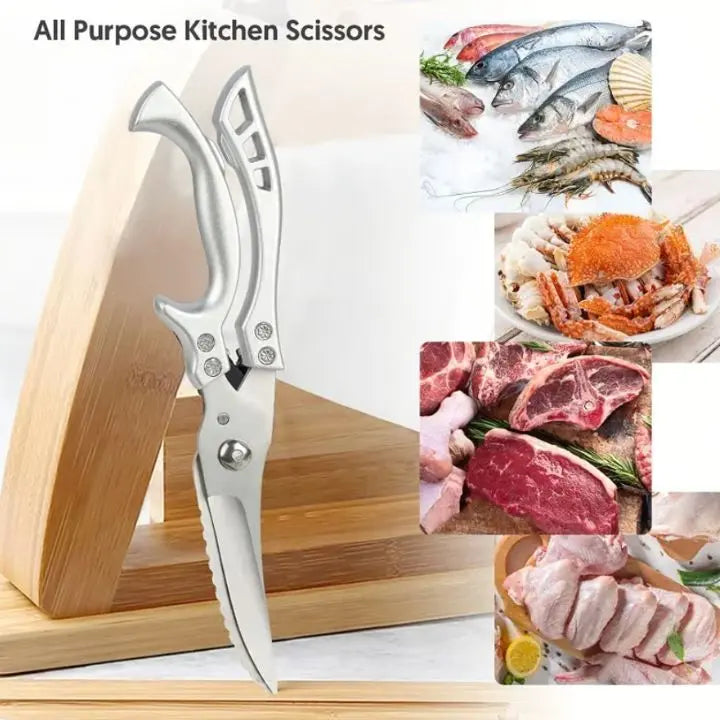 Sharp, heavy-duty kitchen shears with stainless steel blades, ideal for poultry, meat & vegetables.