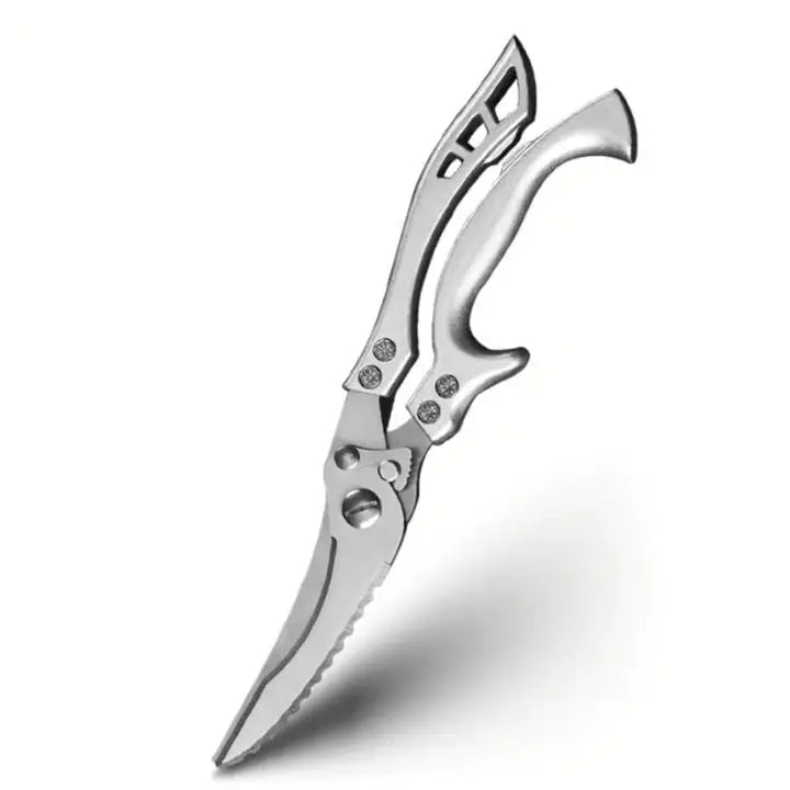 Versatile stainless steel kitchen shears; a robust cooking tool & fish scaler for efficient food prep.