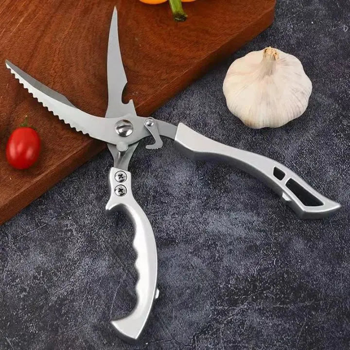 Efficient kitchen gadget: heavy-duty stainless steel shears for sharp, effortless food preparation.