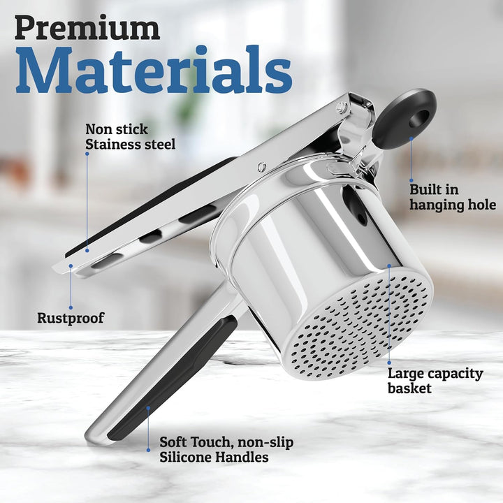 Professional-grade heavy-duty potato masher, all stainless steel construction for ultimate durability.