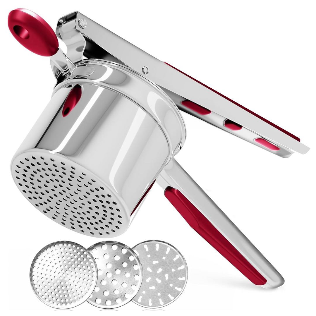 Ergonomic stainless steel potato masher, ideal for mashing potatoes, vegetables & fruits effortlessly.