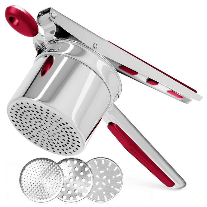 Ergonomic stainless steel potato masher, ideal for mashing potatoes, vegetables & fruits effortlessly.