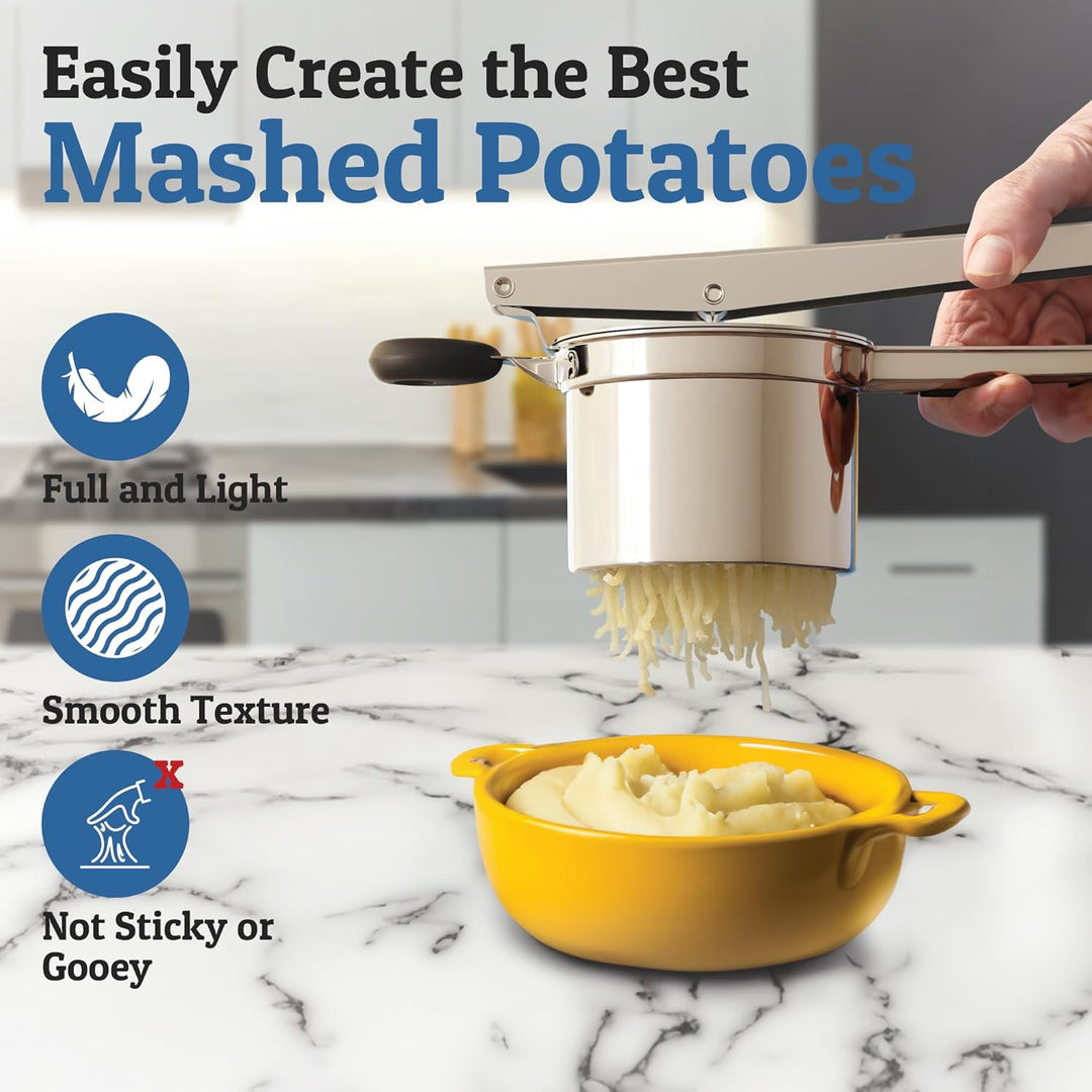 Easy-grip heavy-duty potato masher in polished stainless steel. Essential for delicious mashed dishes.