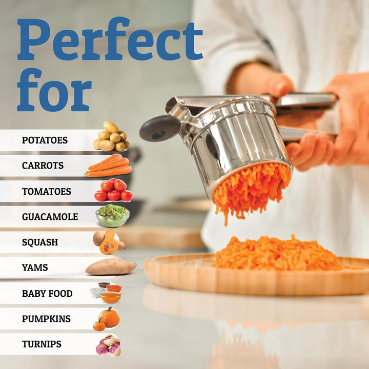 Modern stainless steel potato masher, designed for smooth mashing of potatoes & other soft foods.