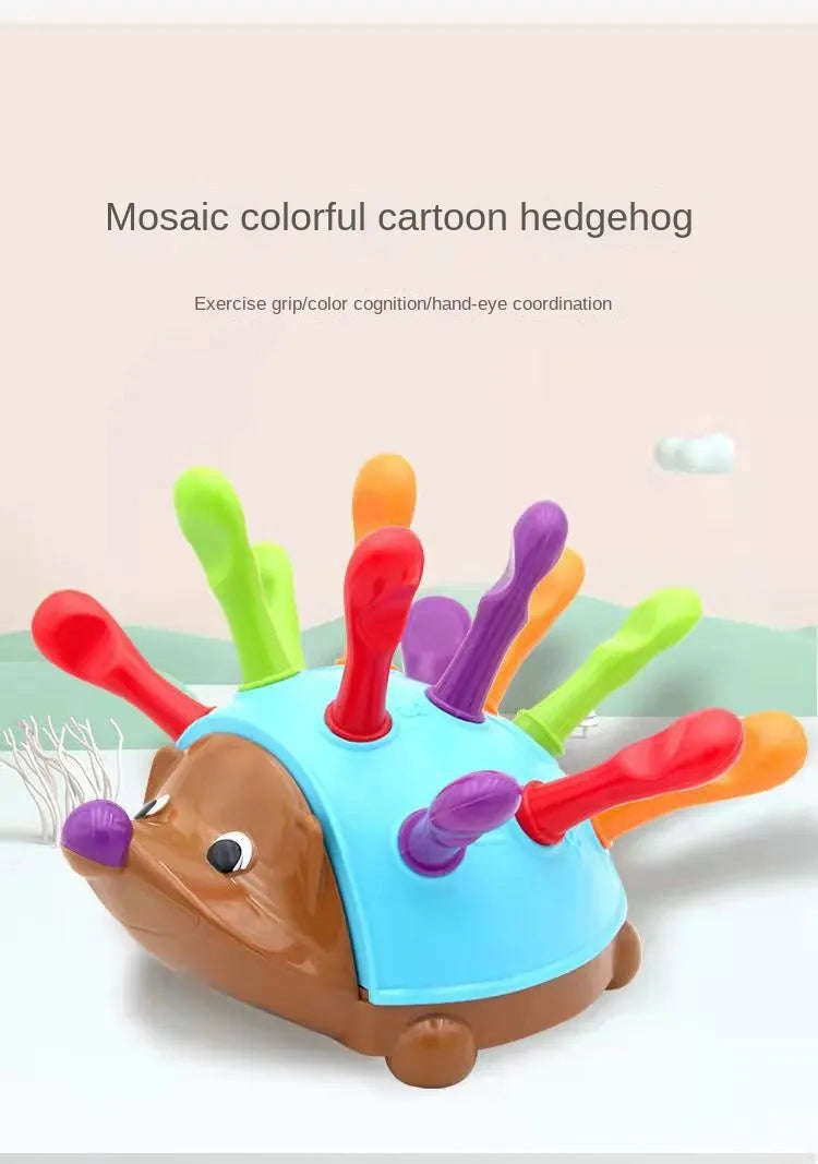 Side view of hedgehog montessori toy, showcasing its chunky pegs suitable for small hands