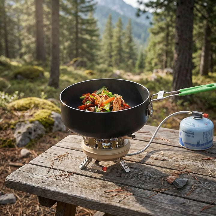 High-output windshield camping stove for outdoor cooking, a portable and windproof butane burner for hiking.