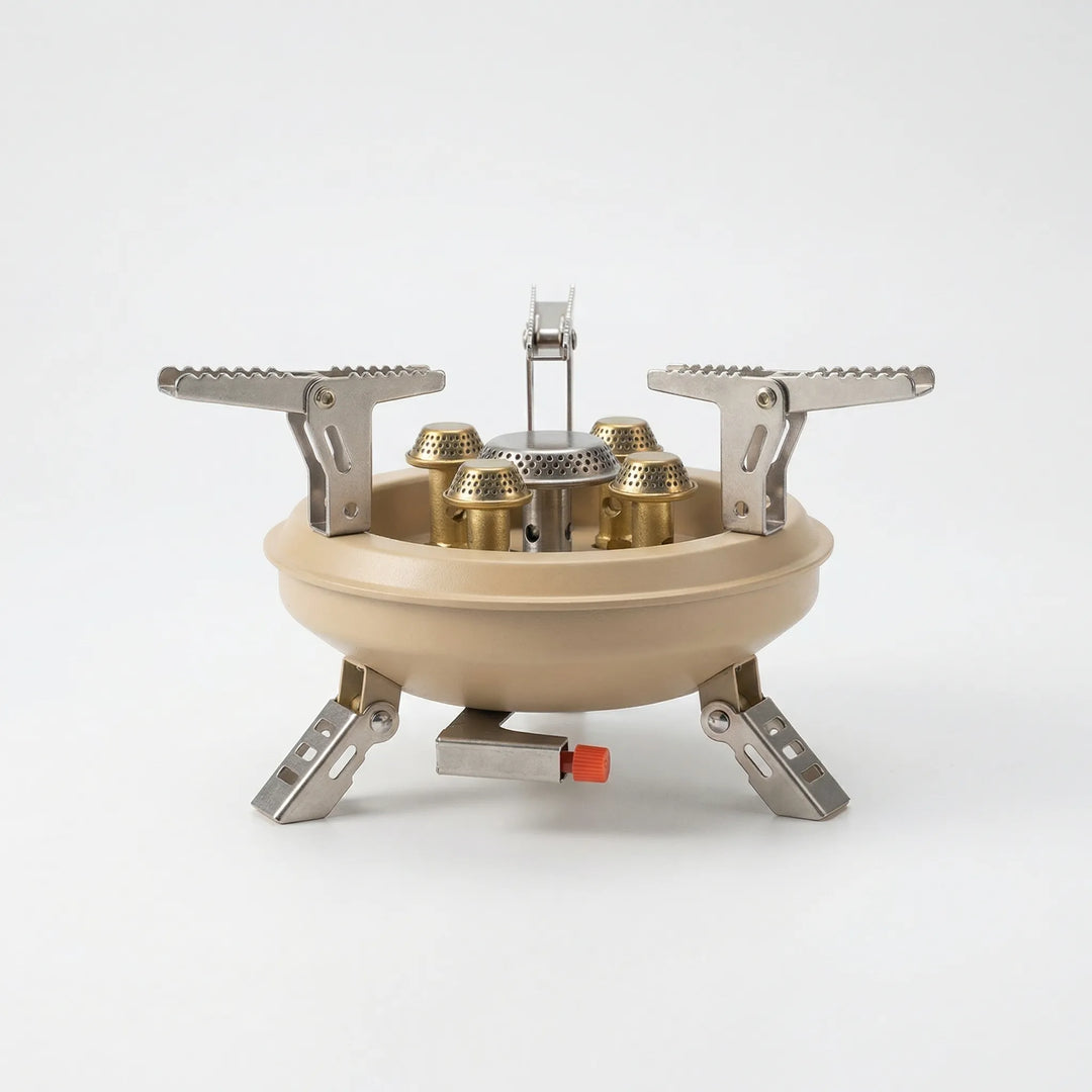Compact backpacking stove with integrated windshield, ideal for camp cooking and outdoor adventures. Portable burner.