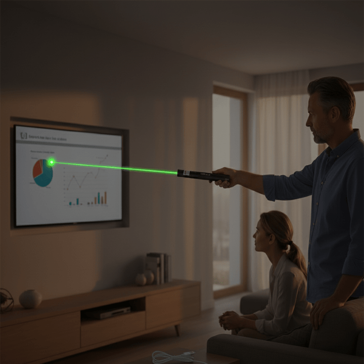 High-power green laser pointer with adjustable focus for long-range targeting & presentation. Safety lock feature.