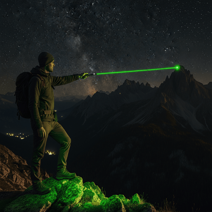 Close-up of high-power laser pointer's adjustable focus mechanism, ensuring precise beam control for stargazing.