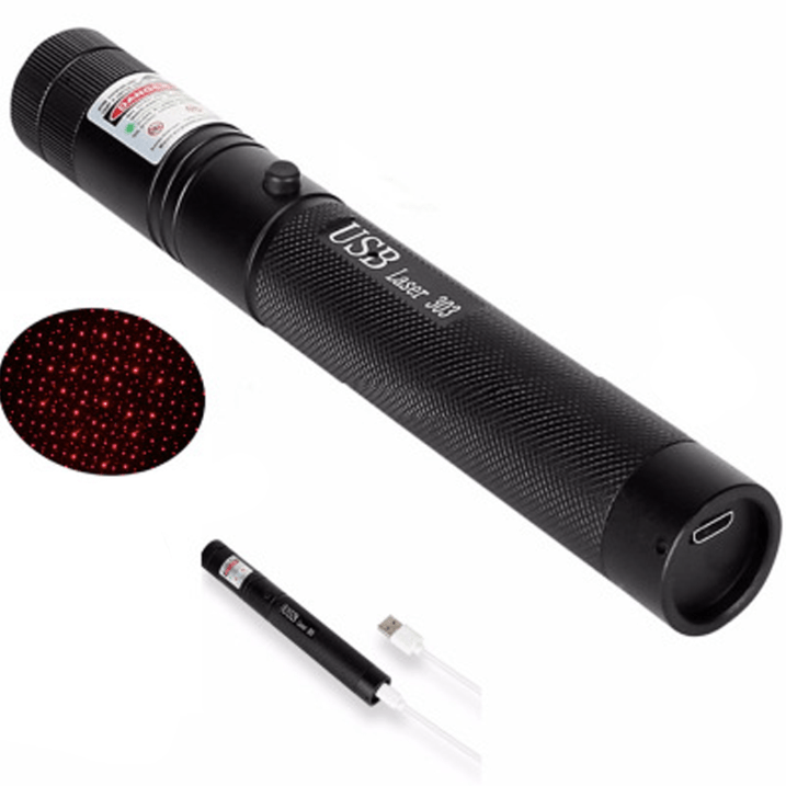 Rechargeable high-power laser pointer, illustrating the convenient charging port for extended outdoor use.