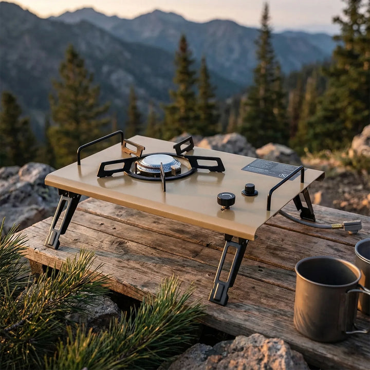 High-power portable gas stove for camping & outdoor cooking. Compact single burner, rugged design for hiking gear.