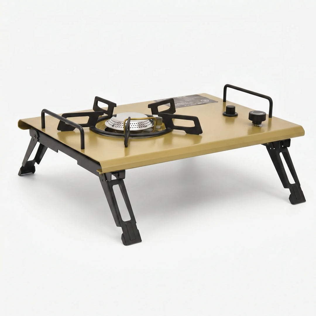 Compact portable outdoor gas stove with single burner, perfect for camp kitchen setup & efficient cooking.