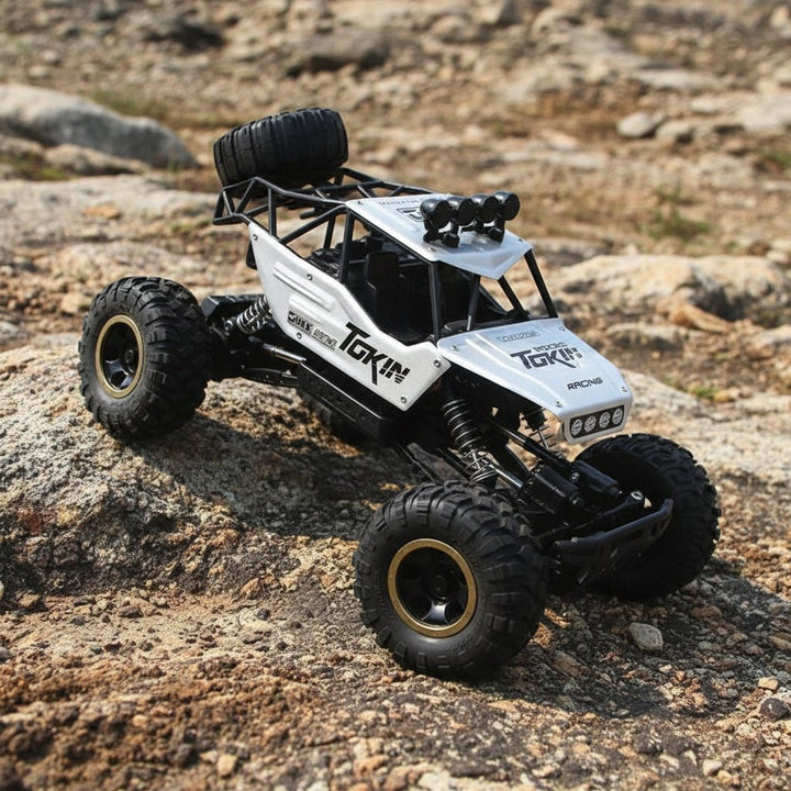 Durable 4x4 RC monster truck tackling offroad terrain. High-speed remote control toy for adventurous kids & adults.
