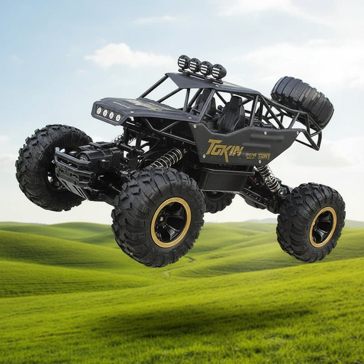 High-speed 4x4 RC monster truck jumping over obstacles. Dynamic remote control offroad action for kids & adults.
