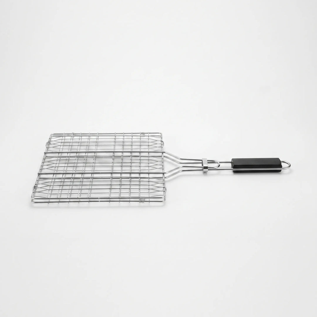 Durable hinged grilling basket with secure latch for easy flipping on outdoor grills & portable BBQs.