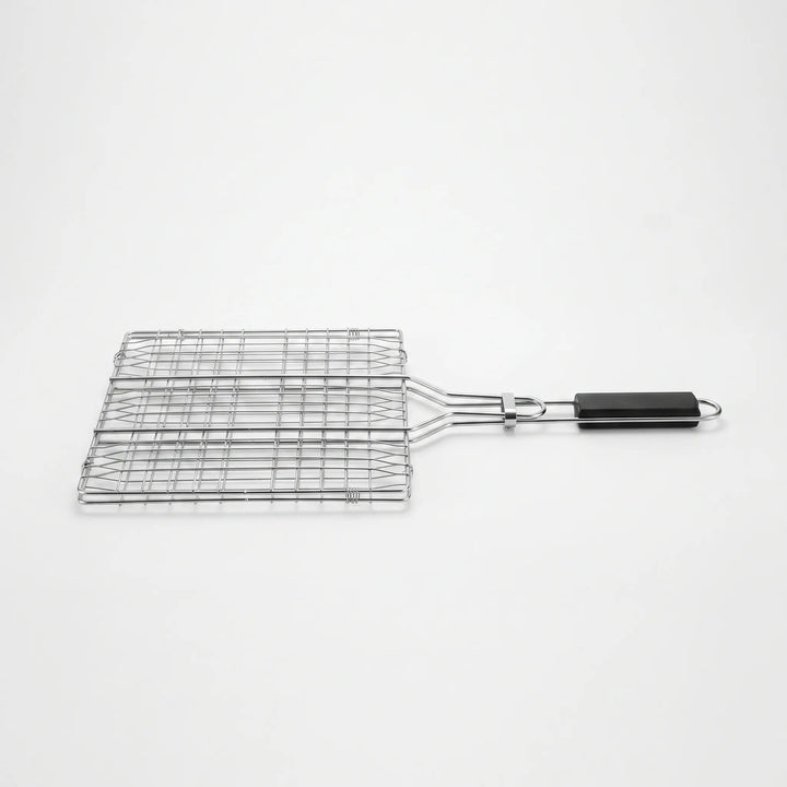 Durable hinged grilling basket with secure latch for easy flipping on outdoor grills & portable BBQs.