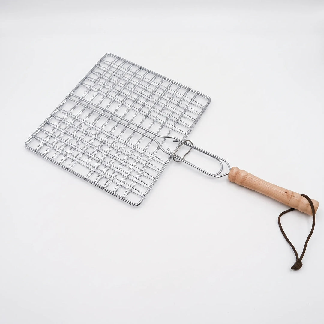 Secure hinged fish grilling basket for effortless flipping of delicate seafood on any outdoor grill.