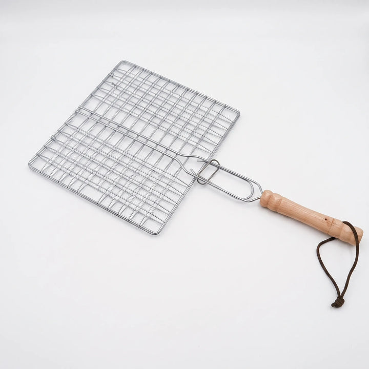 Secure hinged fish grilling basket for effortless flipping of delicate seafood on any outdoor grill.