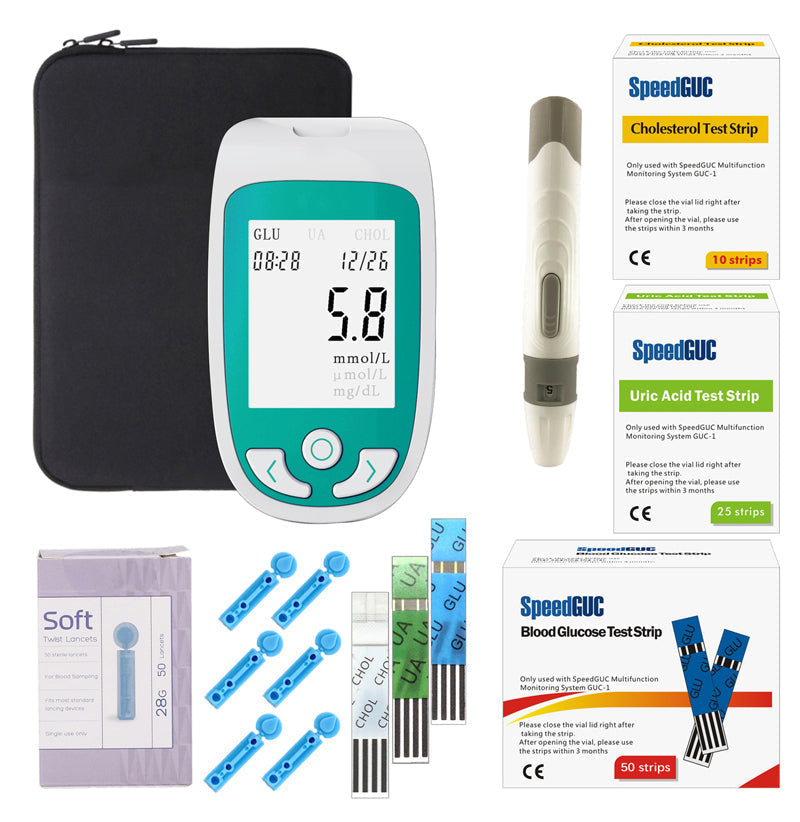 Compact multi-function Home Health Monitor for rapid cholesterol, glucose, & uric acid testing.