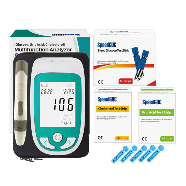 Home Health Monitor kit with device, test strips for cholesterol, glucose, & uric acid levels.