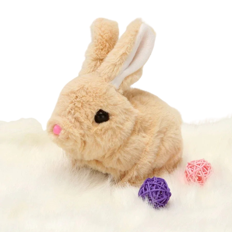 Close-up of HoppyPal interactive walking bunny plush toy's face, cute & soft