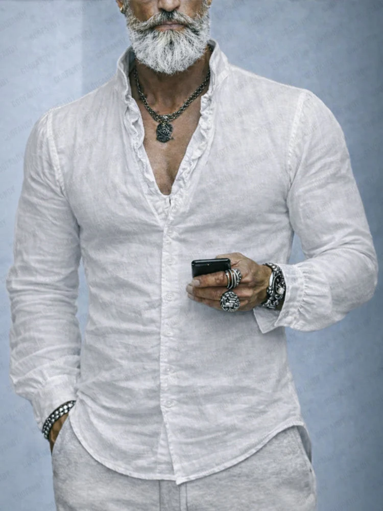 Men's Ruffled Neck Slim Fit Long Sleeve Casual Shirt