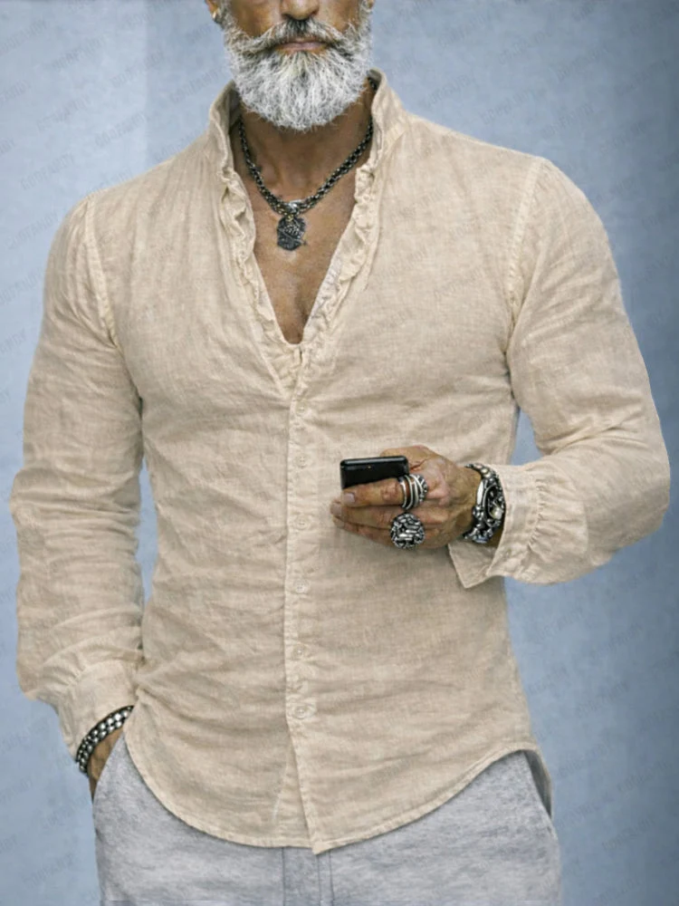 Men's Ruffled Neck Slim Fit Long Sleeve Casual Shirt