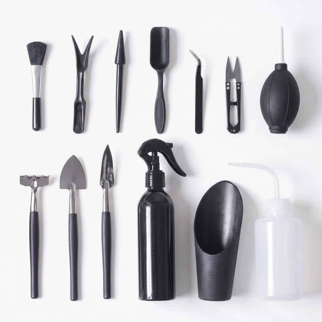 Complete Indoor Plant Care Tool Kit, essential accessories for miniature gardens and succulent maintenance.