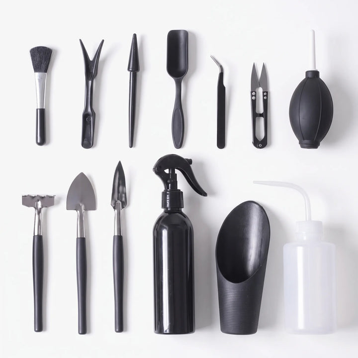 Complete Indoor Plant Care Tool Kit, essential accessories for miniature gardens and succulent maintenance.