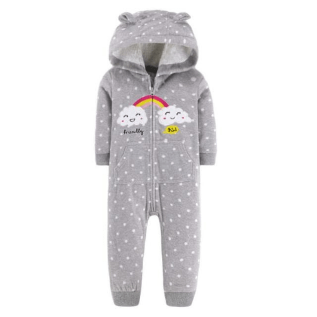 Infant baby rainbow cloud dotted hooded jumpsuit, cozy fleece romper for spring autumn wear