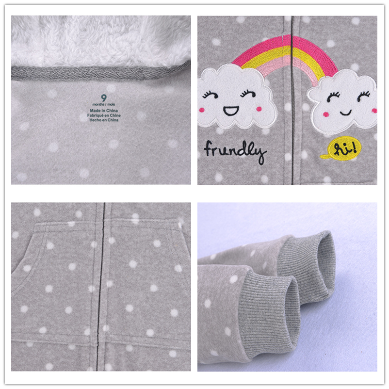 Soft baby jumpsuit with rainbow dot pattern and cloud hood for comfortable infant wear