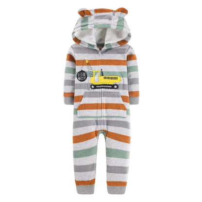 Close-up of cloud dotted baby jumpsuit fabric, showcasing soft fleece and rainbow pattern